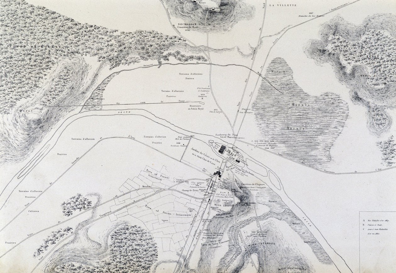 Mapa miasta Lutèce (dziś Lutetia Parisorium Paryż) i okolic wykonana w 1882 roku. autorstwa French School