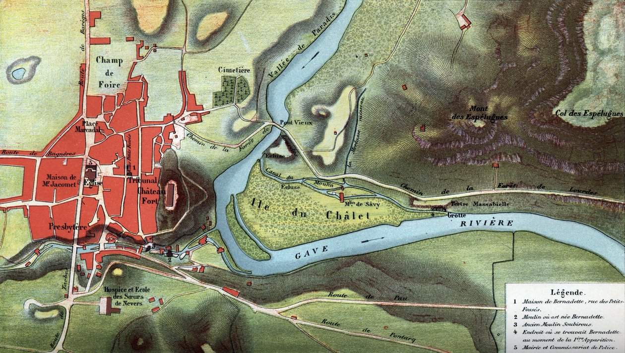 Mapa kraju Lourdes z 1858 roku, rok wizji Bernadetty Soubirous: pokazuje położenie jej domu i jaskini. Pireneje Wysokie (65). Chromolitografia w „”Notre Dame de Lourdes”” Henri Lasserre autorstwa French School