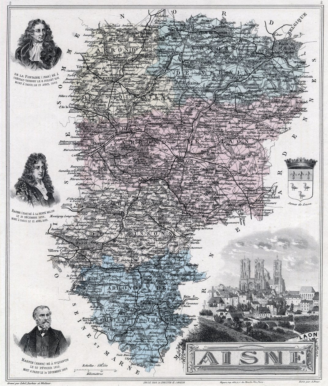 Mapa departamentu Aisne (grawerowanie 1889) autorstwa French School