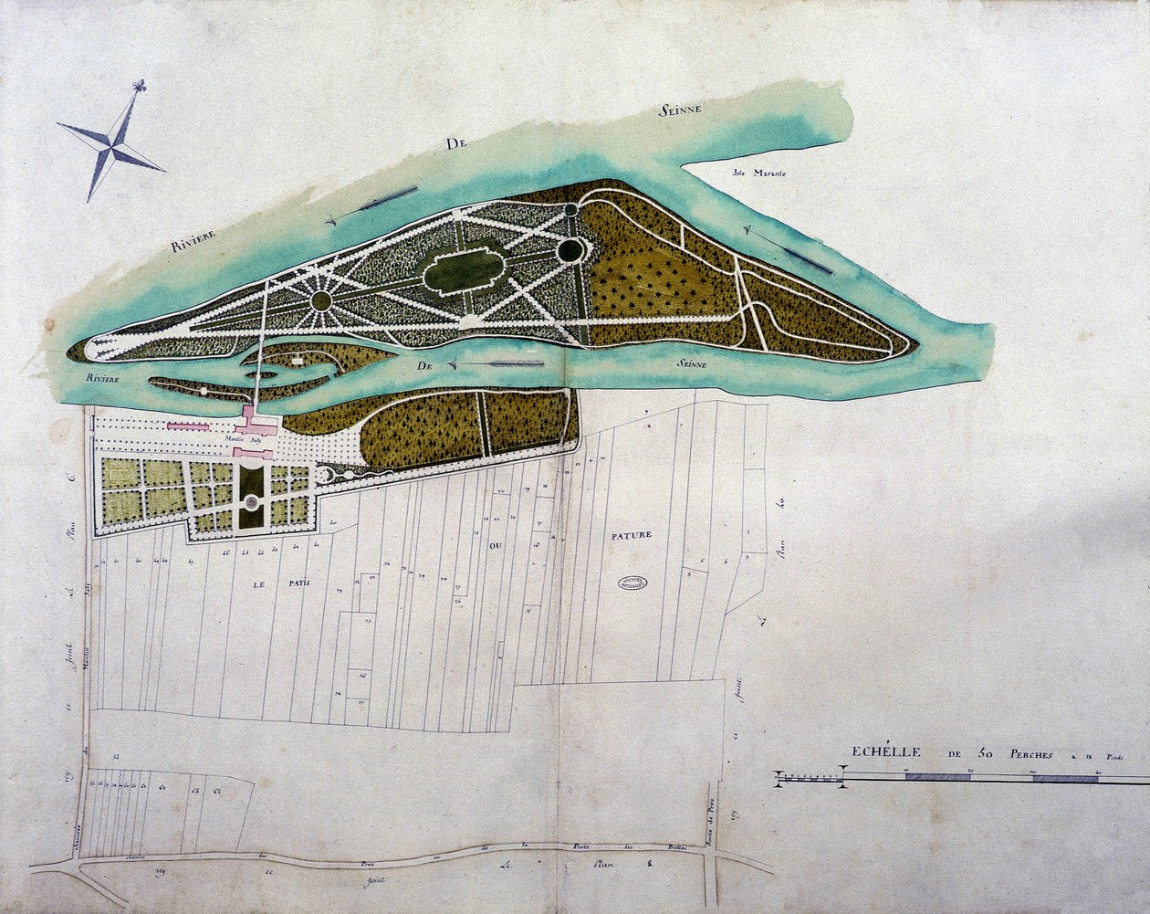 Mapa ogrodu Moulin Joly. Tablica atlasu planów terytorium Colombes (1780), zachowana w Archiwum Narodowym. autorstwa French School