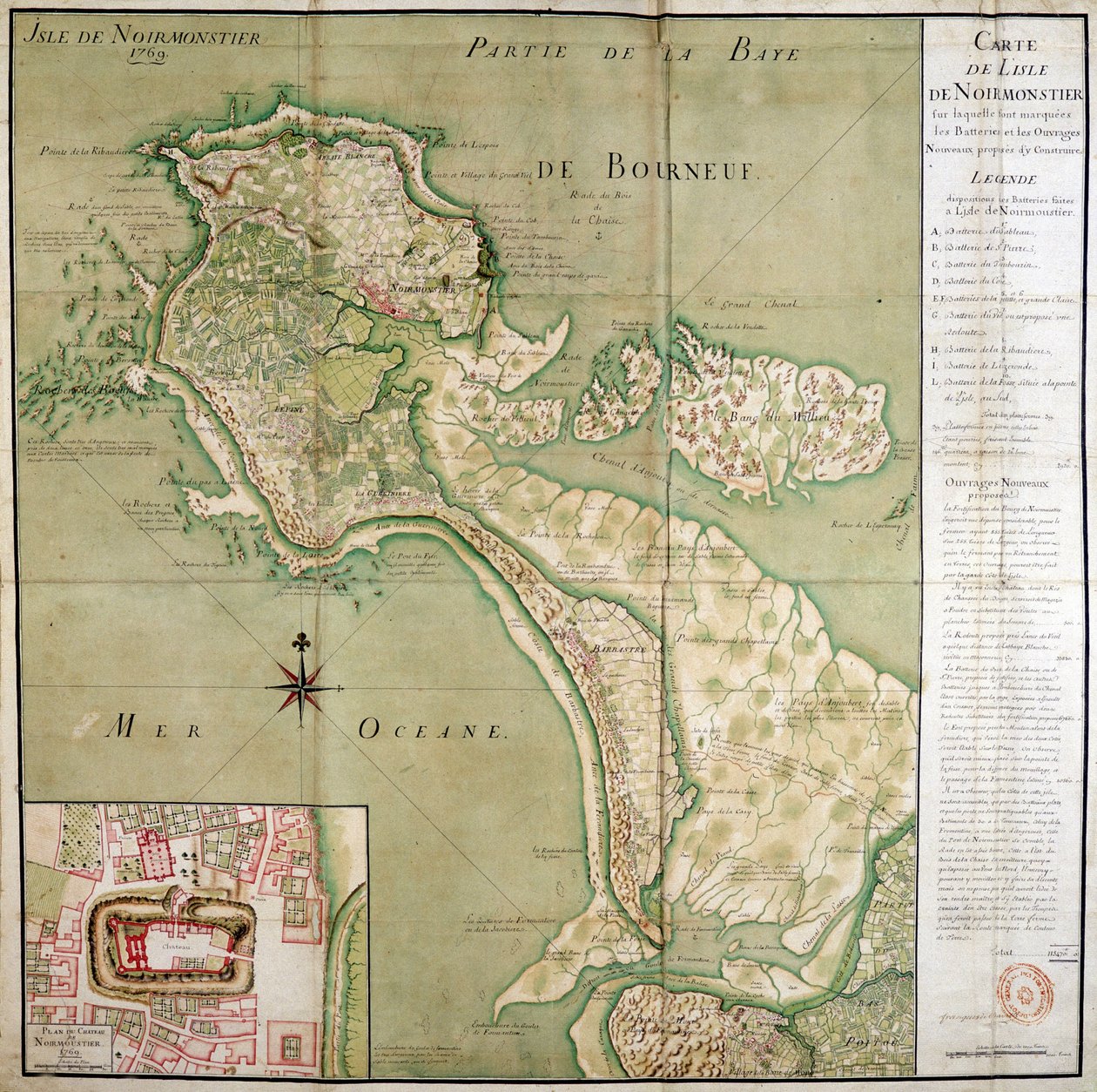 Mapa wyspy Noirmoutier wraz z mapą zamku, wykonaną w 1769 roku. autorstwa French School