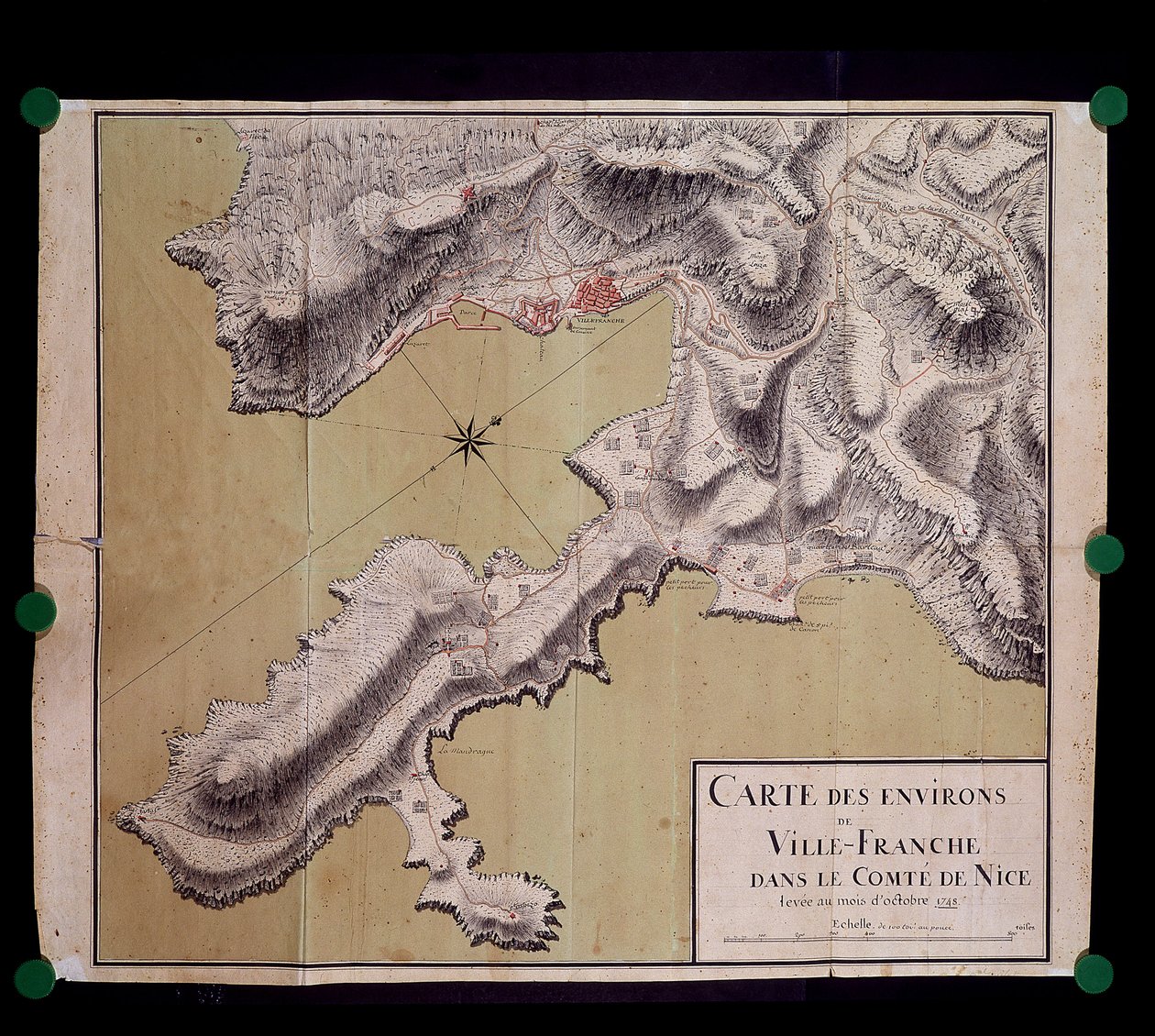 Mapa okolic Villefranche w hrabiowskiej grobli nicejskiej w październiku 1748 r. autorstwa French School