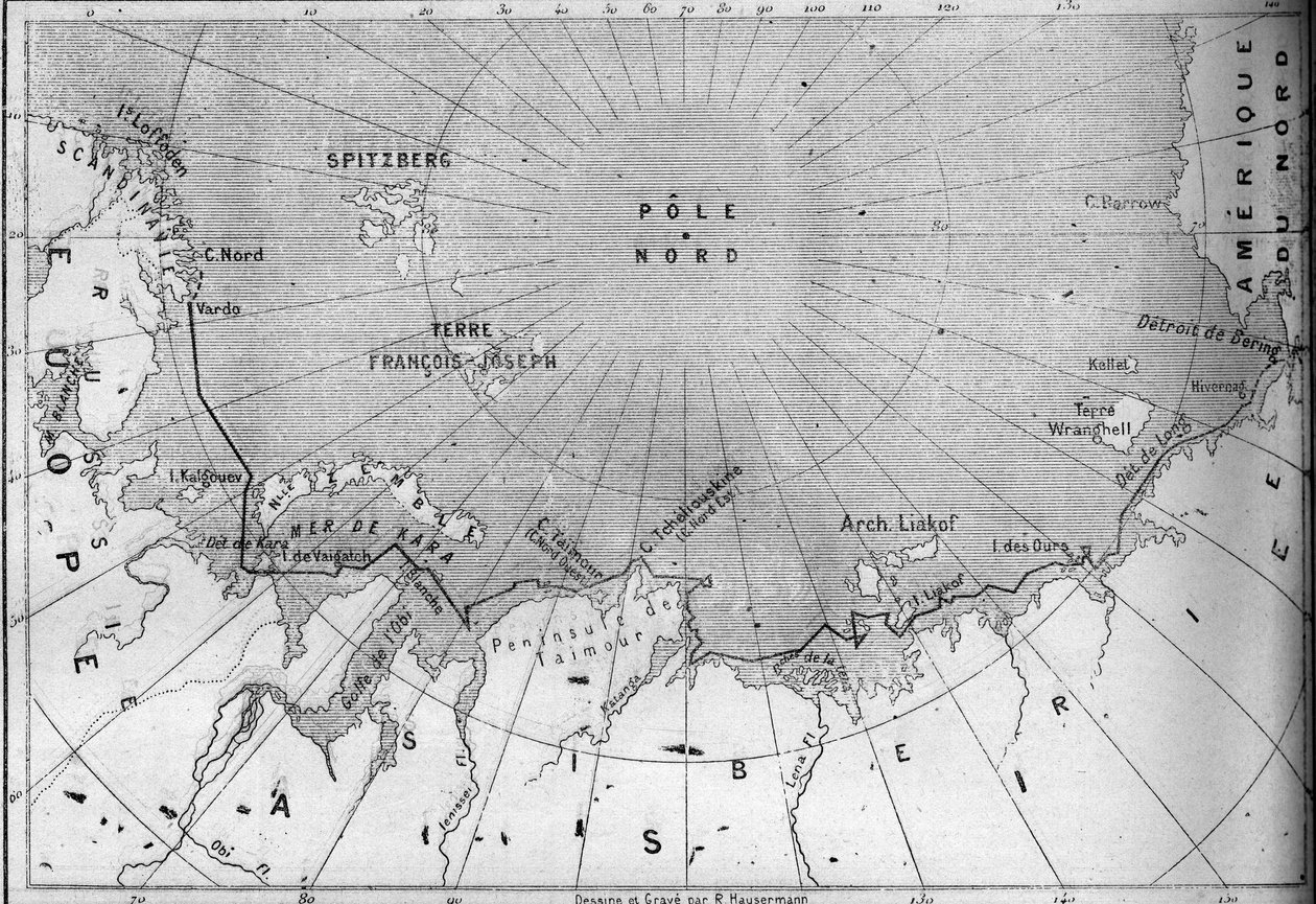 Mapa podróży „Vegi”” nakreślona przez odkrywcę Nilsa Adolfa Erika (Erica) Barona Nordenskjolda (Nordenskiolda) (1832-1901). W 1878 Nordenskjold przeszedł z Oceanu Atlantyckiego do Oceanu Spokojnego wzdłuż wybrzeża Syberii. Grawerowanie w „” Le Monde Illust autorstwa French School