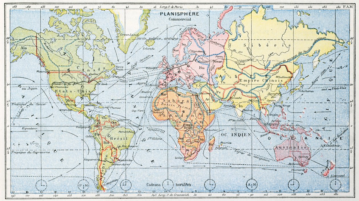 Mapa przedstawiająca główne szlaki żeglugowe handlu światowego, 1912 autorstwa French School