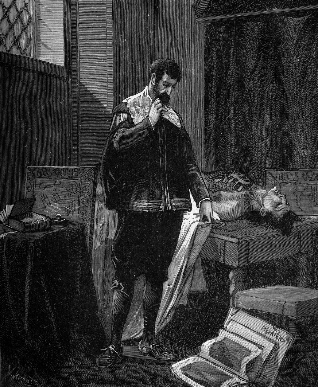 Marcello Malpighi (1628-1694), włoski lekarz i anatom przeprowadzający autopsję. autorstwa French School