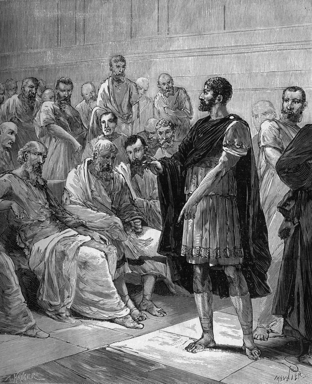 Marek Atilius Regulus przed senatem rzymskim - konsul rzymski Marek Atilius Regulus (ok. 256 pne) przed senatem rzymskim - w „Popularnej historii nauki, wynalazków i odkryć od pierwszych wieków do dnia dzisiejszego” Bitarda Adolphe