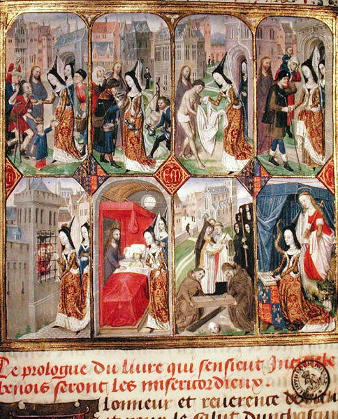 Margaret of York (zm.1503) Trzecia żona Karola Śmiałego (1433-77) księcia Burgundii, wykonująca akty miłosierdzia, z „Traite Sur La Misericorde” (wellin) autorstwa French School