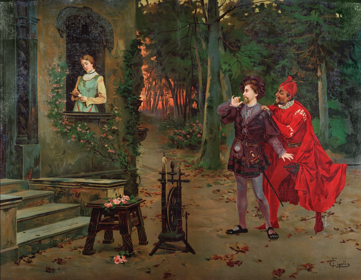 Marguerite, Faust i Mefisto Scena z Fausta autorstwa Charlesa Gounoda (1818-1893). około 1900. autorstwa French School