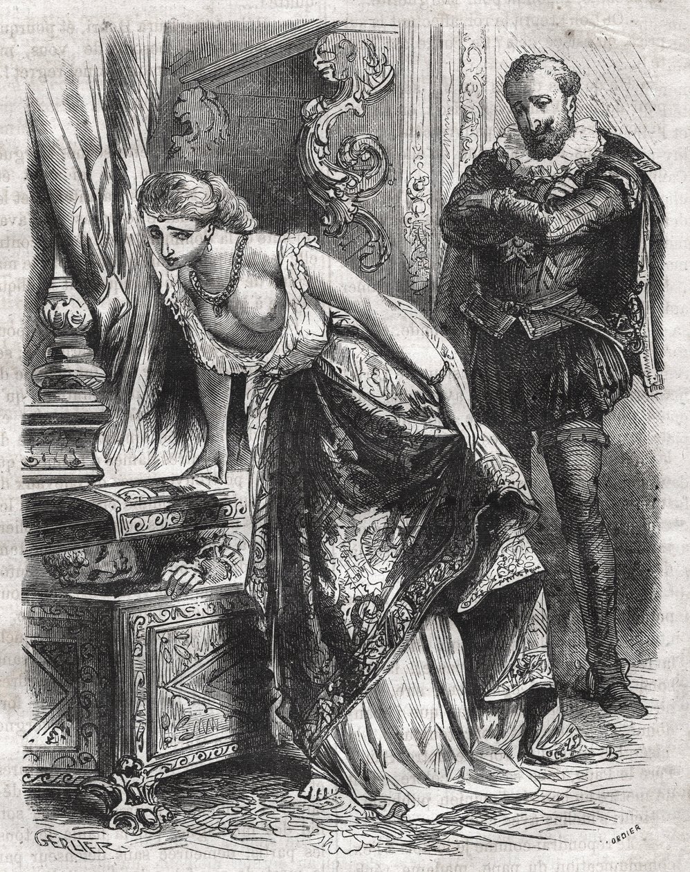 Małgorzata de Valois (1553-1615), znana jako królowa Margot, ukrywa w sejfie swojego kochanka, Juliena de Leris. Jej mąż, król Francji Henryk IV (1553-1610), z radością obserwuje tę scenę. 16 wiek. Grawerunek z 1871 roku w „Histoire Des Cocuses Celebres” a autorstwa French School