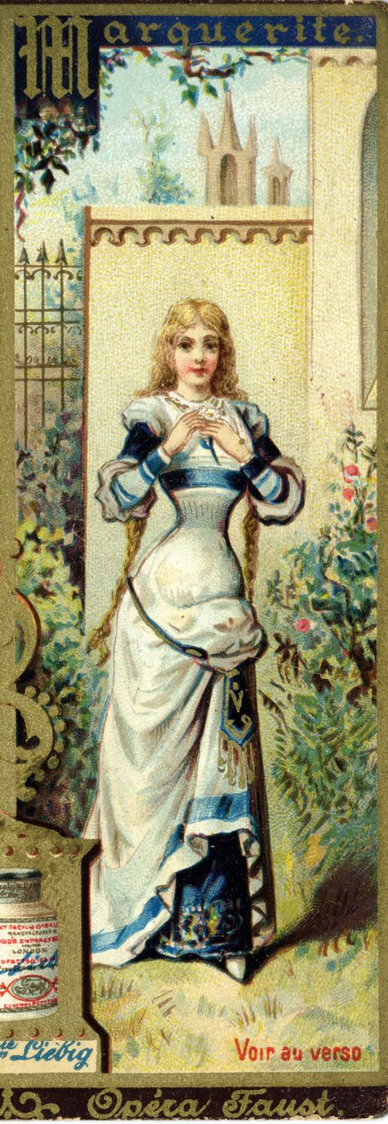 Małgorzata w operze Faust Charlesa Gounoda powstałej w 1859 roku, według utworu Johanna Wolfganga von Goethego. Alfabet imion kobiecych na temat: kostiumy kobiece i opery. Chromolitografia reklamowa Liebiga . autorstwa French School