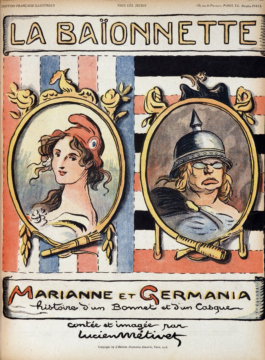 Marianne i Germania, historia kapelusza i hełmu - w „Bajonette” z 18.04.1918 autorstwa French School