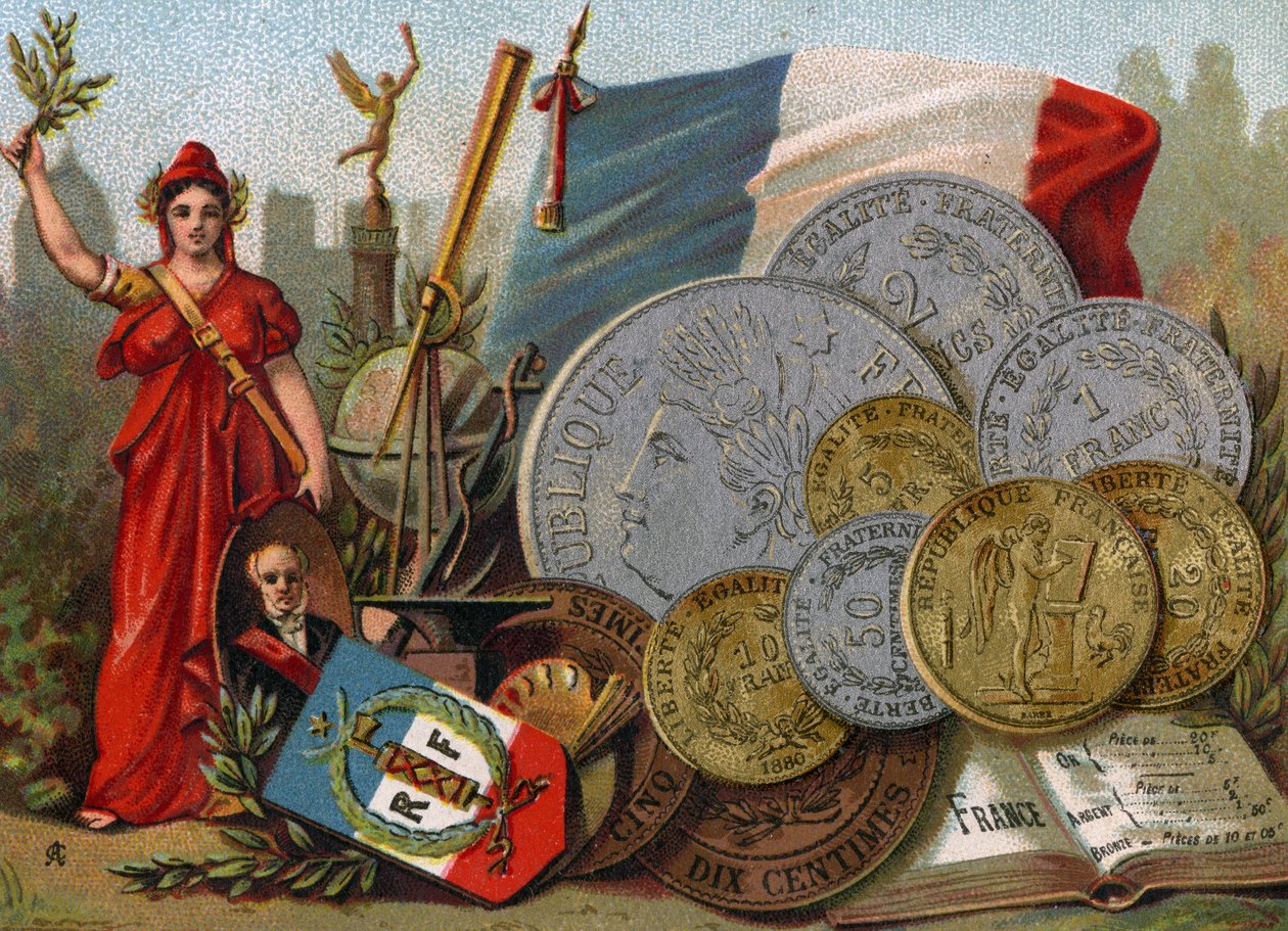 Marianne obok francuskiej flagi Tricolore, globusa i teleskopu oraz wystawa franków, ok. 1890 autorstwa French School