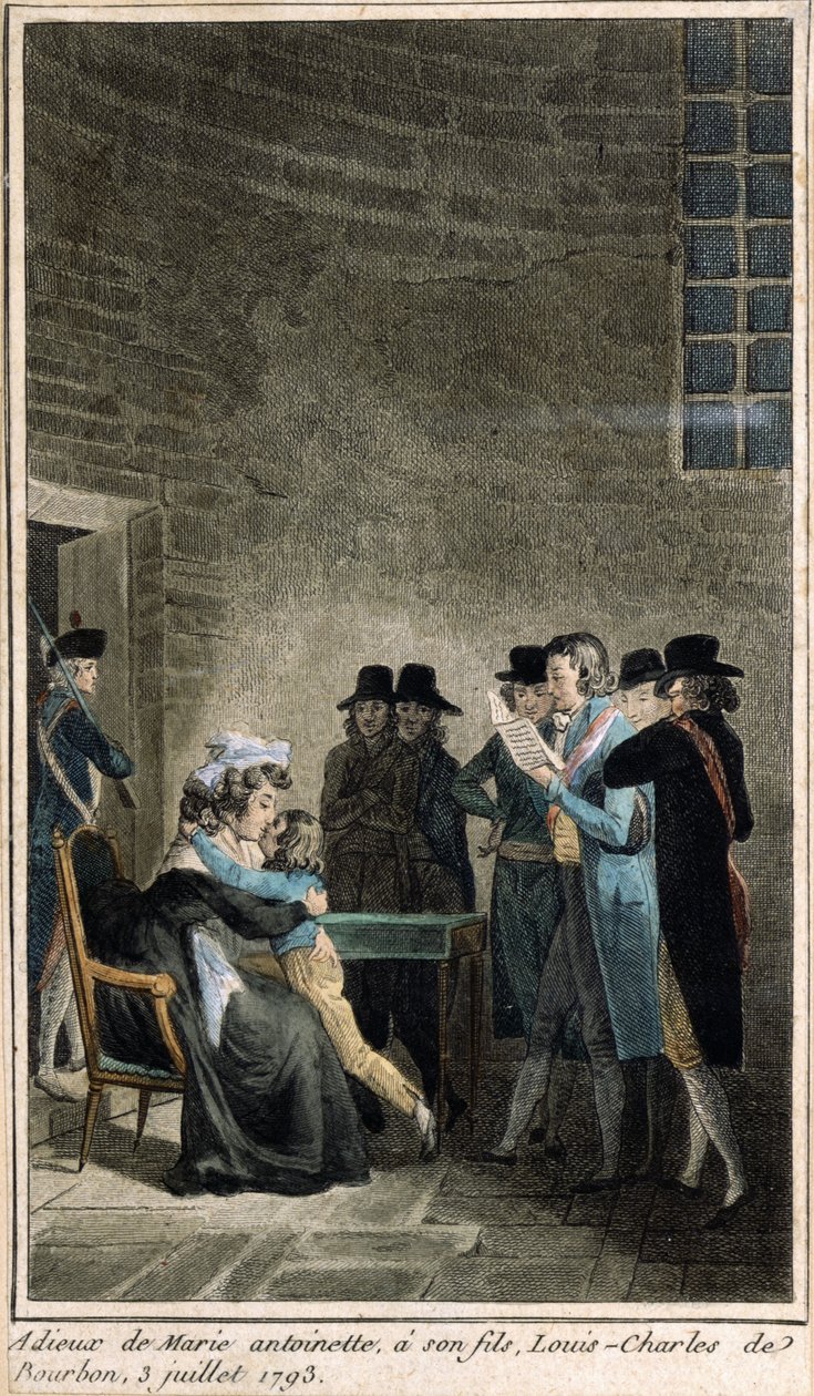 Marie-Antoinette (1755-1793) żegna się ze swoim synem delfinem, Louis-Charles de Bourbon (1785-1795) w świątyni, 3 lipca 1793, (kolorowy grawer wykonany w czasie restauracji mony autorstwa French School