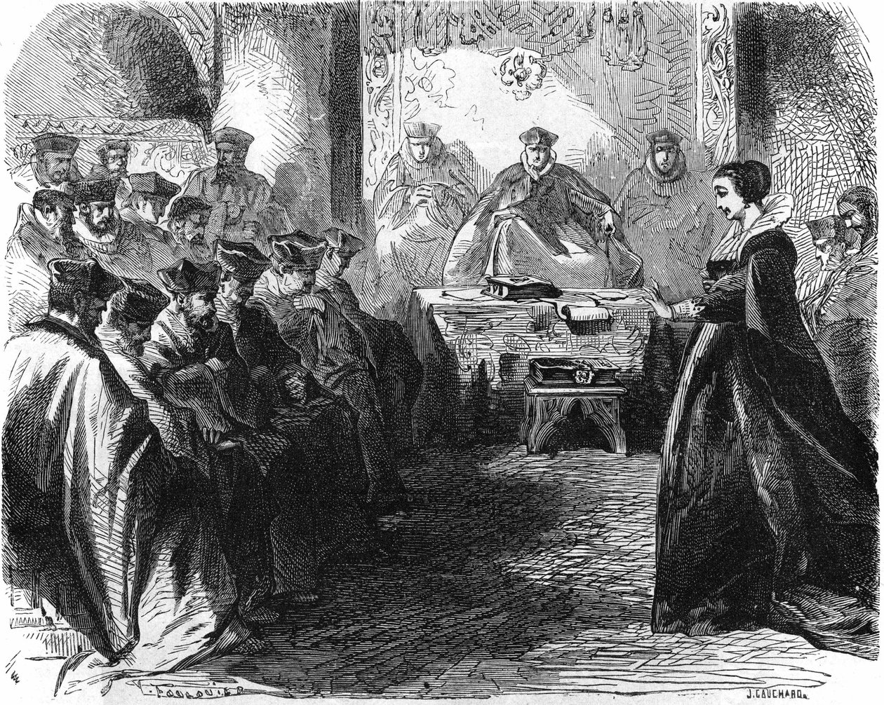 Marie Stuart (1542 = 1587) podczas sądu w 1587 r. W „Histoire de la France”, rycina z XIX wieku. autorstwa French School