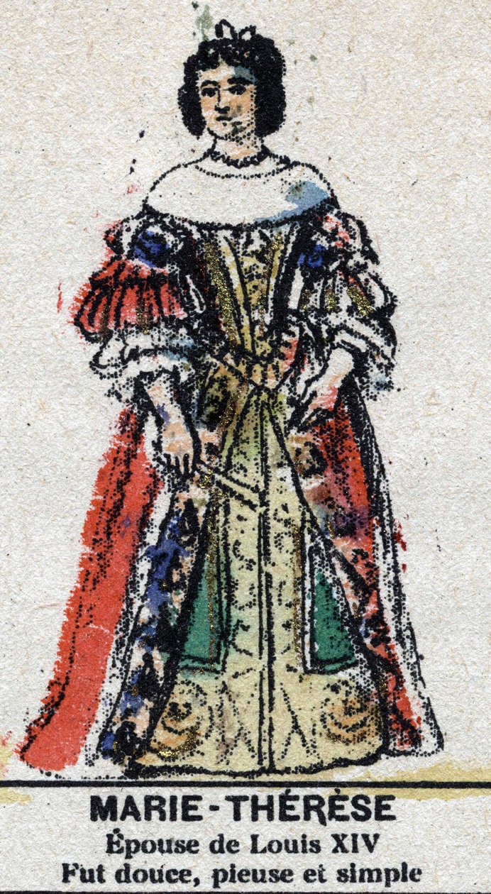 Marie Therese of Austria (1638-1683), królowa Francji. W „”Galeriede Kings and Queens of France oraz znamienite postacie od 1643 do 1895”” Obraz epinal. autorstwa French School