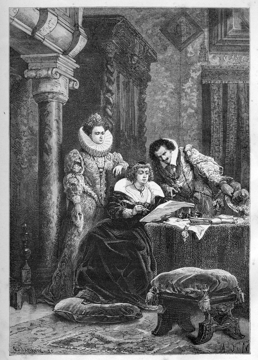 Marie de Medici ze swoimi wpływowymi włoskimi przyjaciółmi i zaufanymi Leonorą Dori (Dosi) znaną jako Galigai (1571-1617) i jej mężem Concino Concini (Conchine) (ok. 1575-1617) - Marie de Medici ze swoimi włoskimi wpływowymi przyjaciółmi i powiernikami Leo autorstwa French School