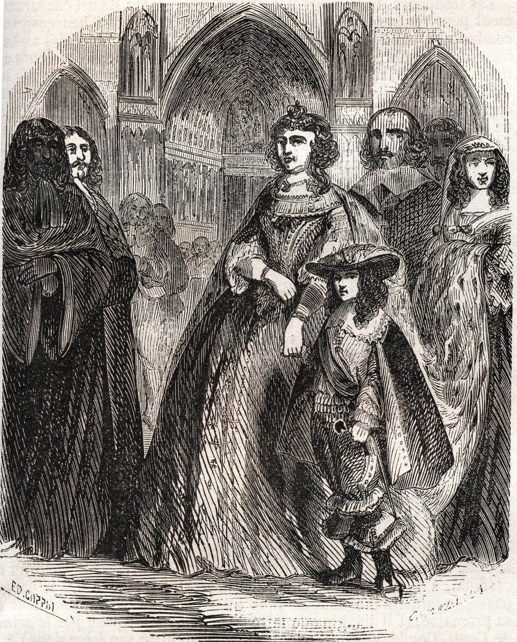 Maria de Medicis (1573-1642), królowa Francji i regentka Królestwa z synem Ludwikiem XIII udającym się do Notre-Dame de Paris - w "Histoire de France" L.-P. Anquetil autorstwa French School
