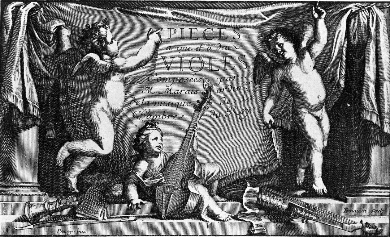 Marin Marais, frontyspis „Pieces a une et feus viololes” autorstwa French School