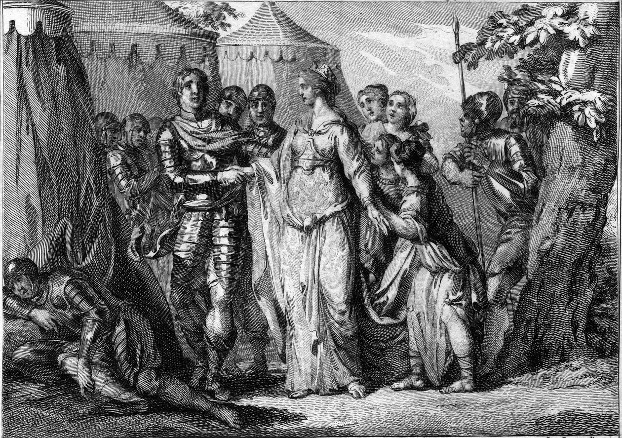 Ślub Childeryka I (ok. 436-481 lub 482), króla salian franków, z Zagłębiem Turyngii (445-491), w 463. Rycina z XVIII wieku. autorstwa French School