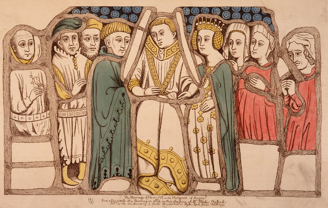 Ślub Henryka VI z Anglii (1421 - 1471) i Małgorzaty Anjou (1429 - 1482) w 1445. Rycina z 1793. Biblia. Art Deco w Paryżu. autorstwa French School