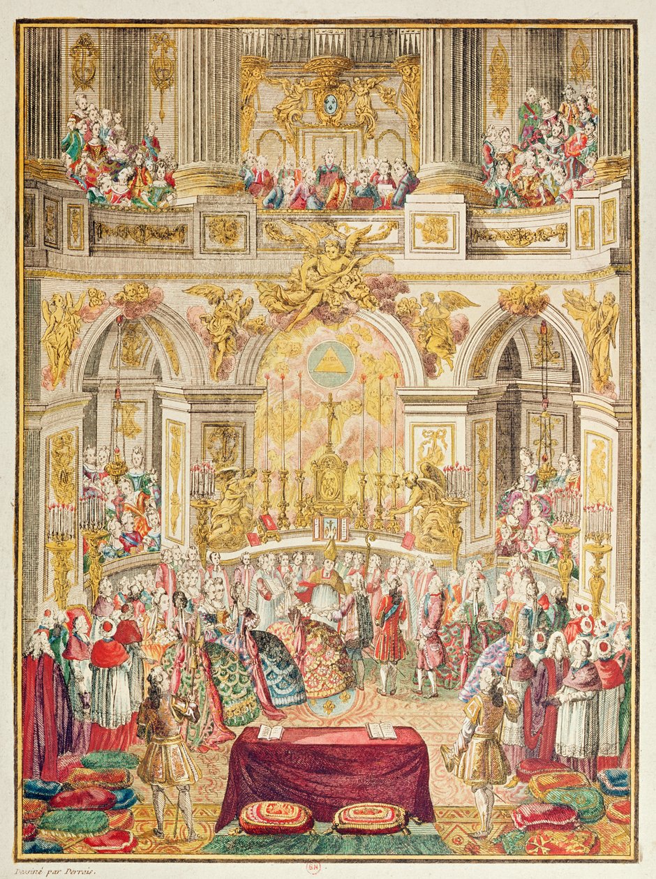 Ślub delfina Francji (przyszłego Ludwika XVI) z arcyksiężną Marią Antoniną w kaplicy w Wersalu 16 maja 1770 autorstwa French School