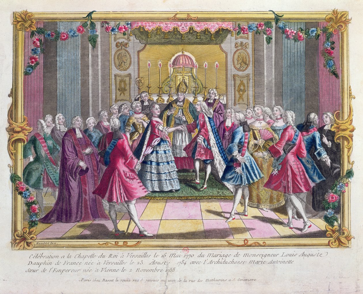 Ślub delfina Francji (przyszłego Ludwika XVI) z arcyksiężną Marią Antoniną w kaplicy w Wersalu 16 maja 1770 autorstwa French School