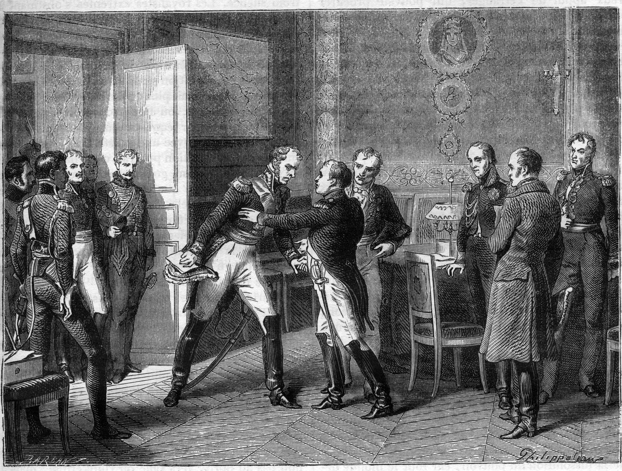 Marszałek Michel Ney zmienia strony, dołącza do wojsk z Napoleonem 14 marca 1815 r. - Les Hundred Days - Wywiad z Marechalem Michelem Neyem i Napoleonem w Auxerre w 1815 r. - Marechal Ney opowiadający się za Napoleonem I powraca z wyspy Elba - autorstwa French School