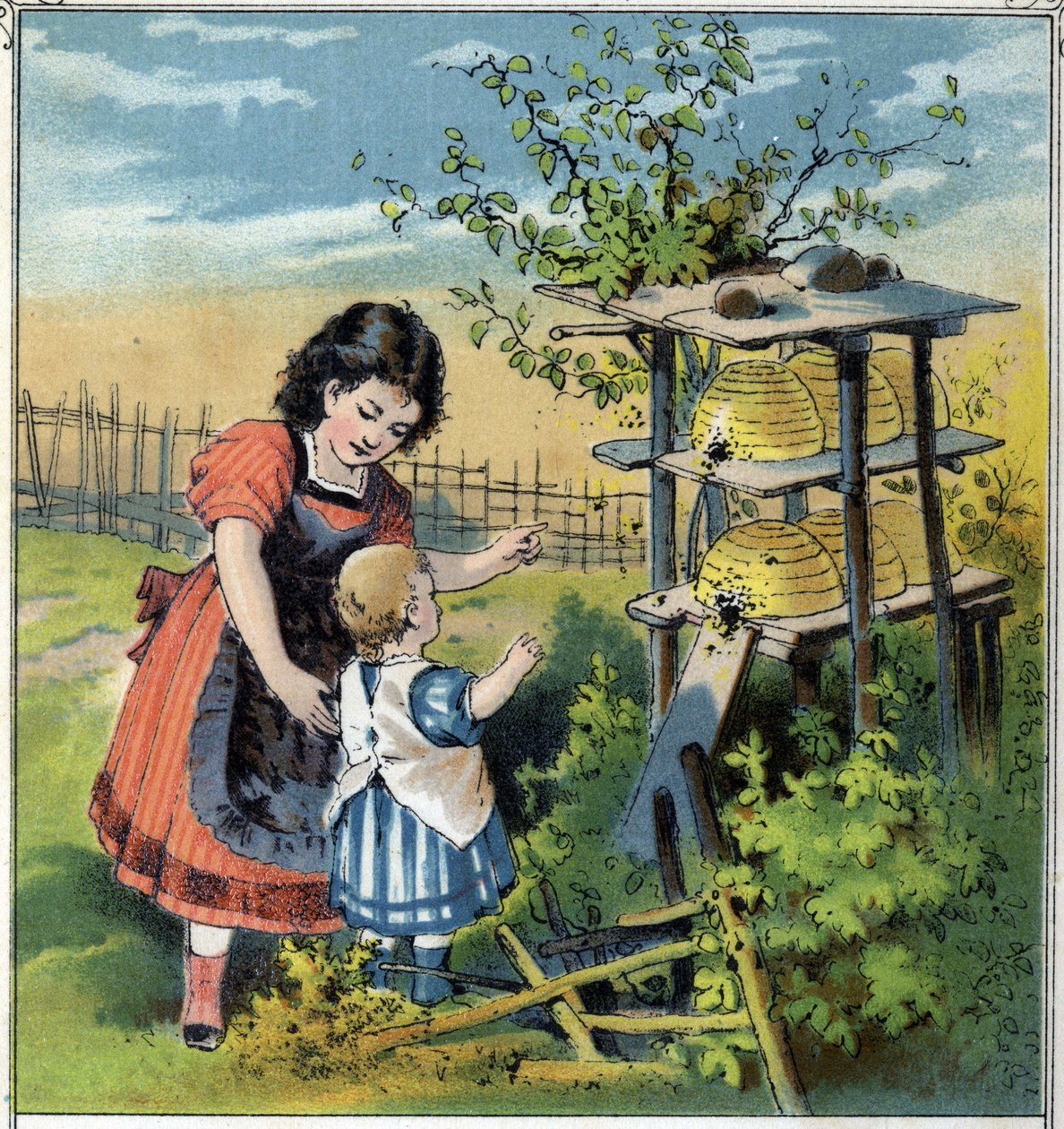 Marta pokazuje swojej młodszej siostrze pracę pszczół w ulu. Chromolitografia z „”Sceny enfantines””” wyd. Guerin - Muller około 1885 roku. autorstwa French School