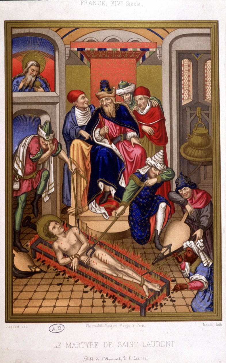 Męczeństwo św. Wawrzyńca (grill) po miniaturze średniowiecza, Francja XIV wiek. autorstwa French School