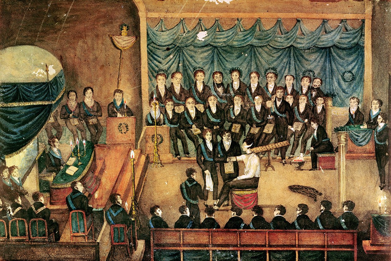 Masońska ceremonia inicjacji męskiego wolnomularza, początek XIX w. (wc na papierze) autorstwa French School