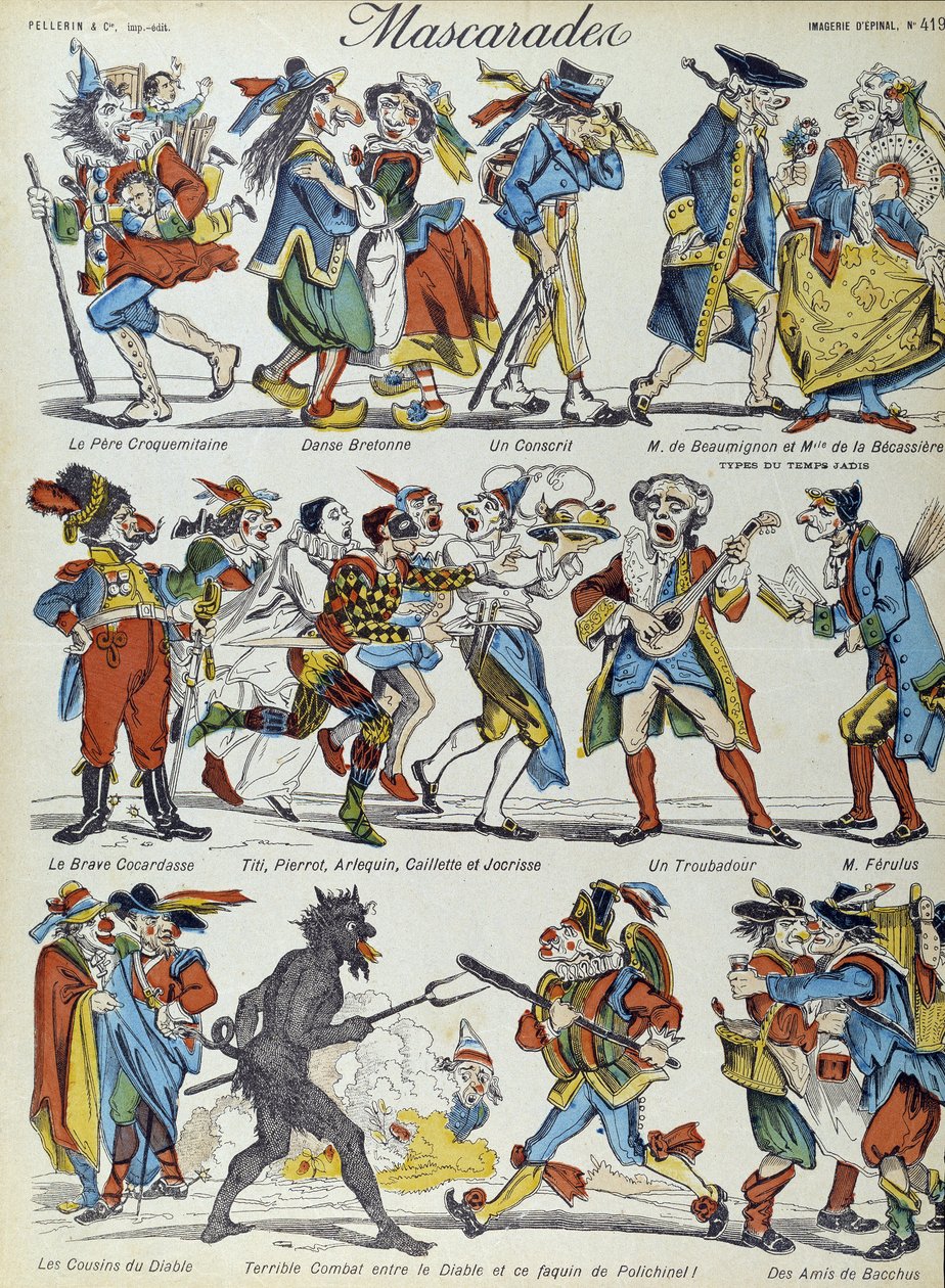 Maskarada: zamaskowane postacie karykaturalne - Obraz Epinal autorstwa French School