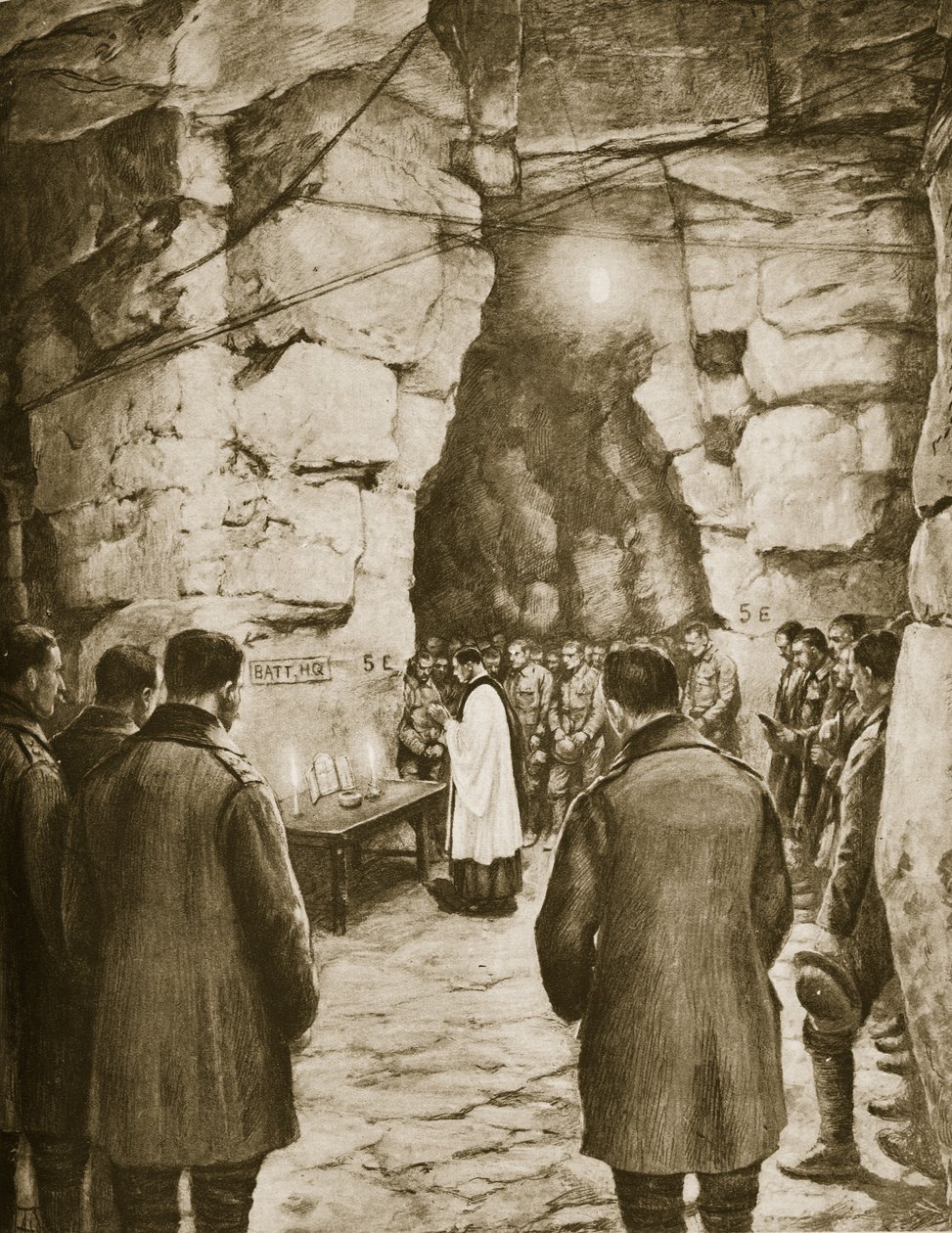 Msza odprawiana przed bitwą we francuskich jaskiniach, 1914-19 autorstwa French School
