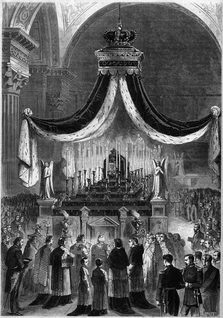 Msza św. odprawiona w kościele św. Magdaleny w Paryżu, 21 listopada 1861, ku pamięci króla Piotra V (Pedro V) i jego brata Fernanda (Fernando) z Portugalii. Grawerowanie w „”Le Monde Illustré””n°242 z 30 listopada autorstwa French School