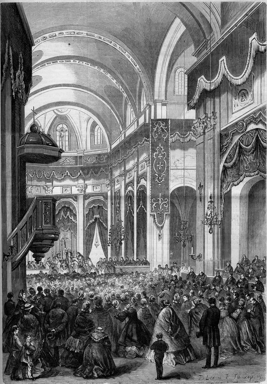 Msza Wszystkich Świętych odprawiona w kościele św. 1862. Grawer w „”Le Monde Illustré””n°291 z 8 listopada 1862. autorstwa French School