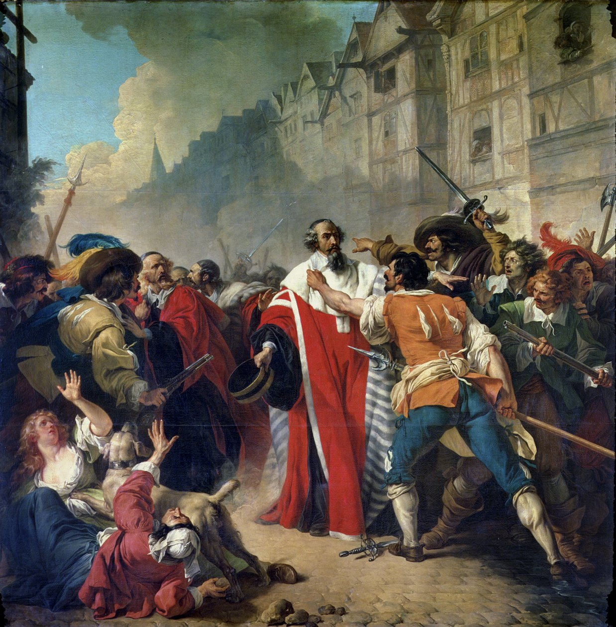 Mathieu Mole zatrzymany przez paryski tłum po powrocie z wizyty w Mazarin i królowej Annie Austrii, 1879 autorstwa French School