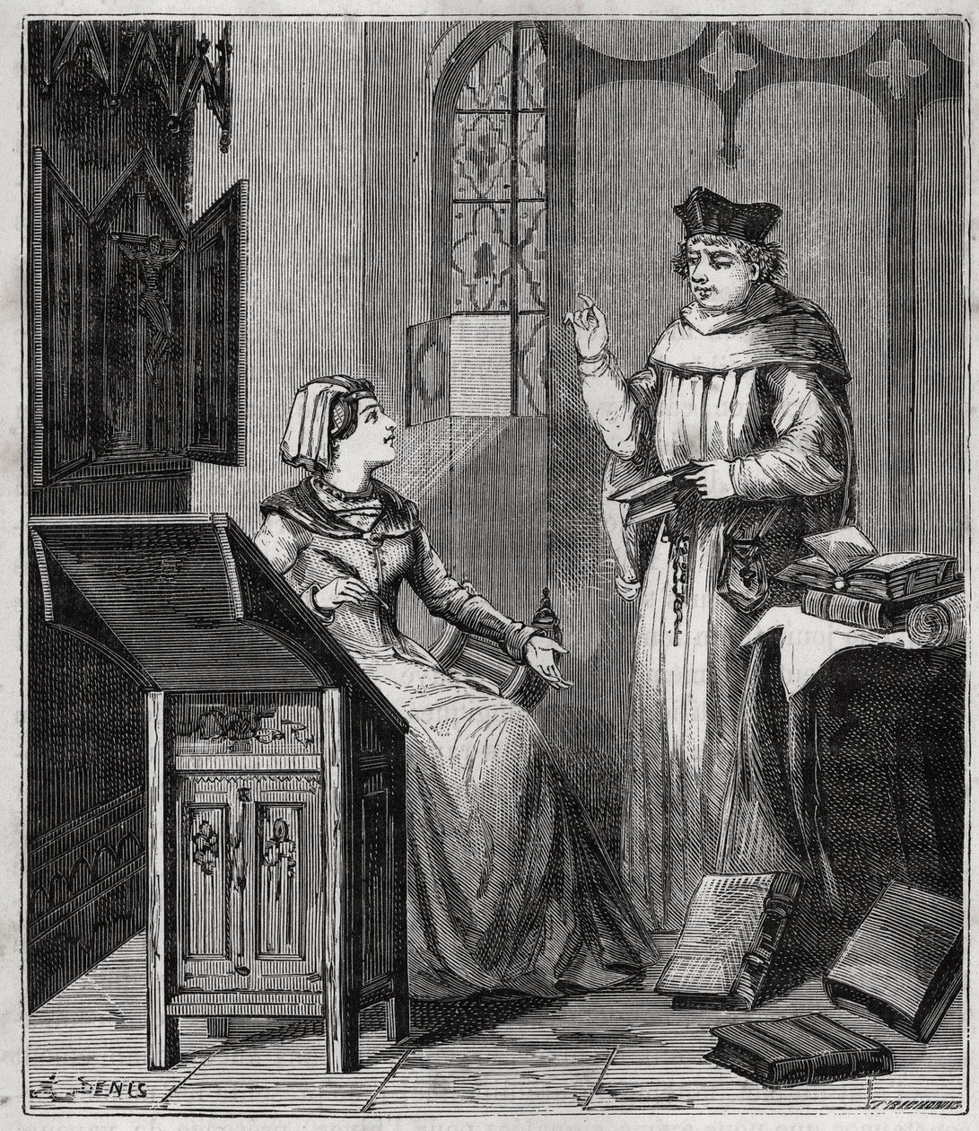 Matthieu Lansbert (Lansberg, Lansbergh, Laensberg lub Laensbergh) (XV-XVI wiek) et sa siostrzenica - Grawerowanie w „”Nauki udostępnione każdemu – fizyka i chemia”” Alexis Clerc – Koniec XIX wieku – Kolekcja prywatna autorstwa French School