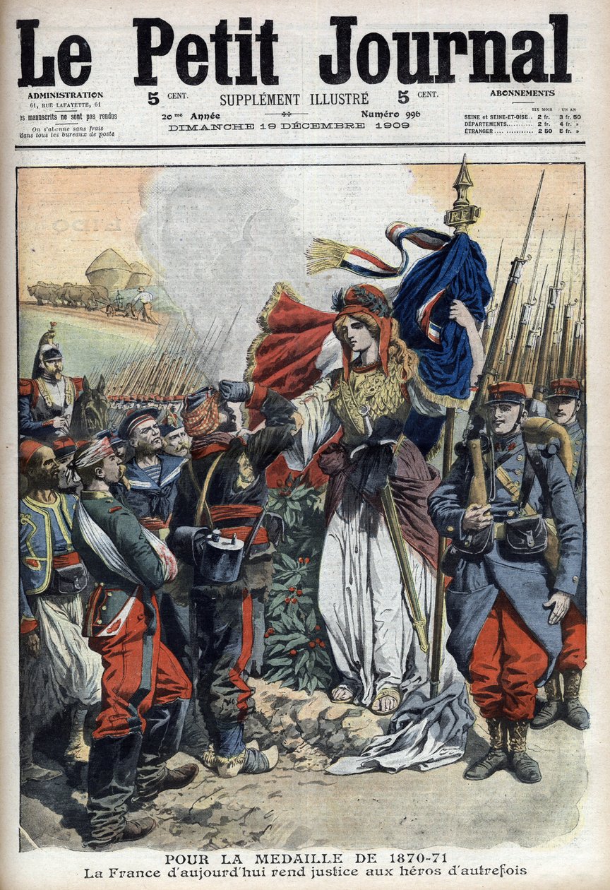 Medal dla weteranów wojny 1870-1871: alegoria Francji oddająca sprawiedliwość bohaterom przeszłości - „Le Petit Journal” z 19 grudnia 1909 (rycina) autorstwa French School