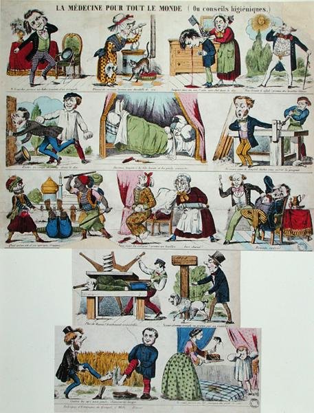 „Medycyna dla wszystkich lub porady higieniczne”, satyryczny komiks medyczny, połowa XIX wieku (kolorowy grawerunek) autorstwa French School