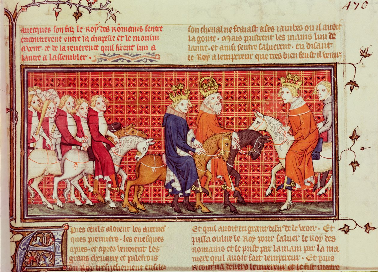 Spotkanie Karola V (1338-80) z cesarzem rzymskim Karolem IV (1316-78) w towarzystwie króla rzymskiego, z Grandes Chroniques de France autorstwa French School