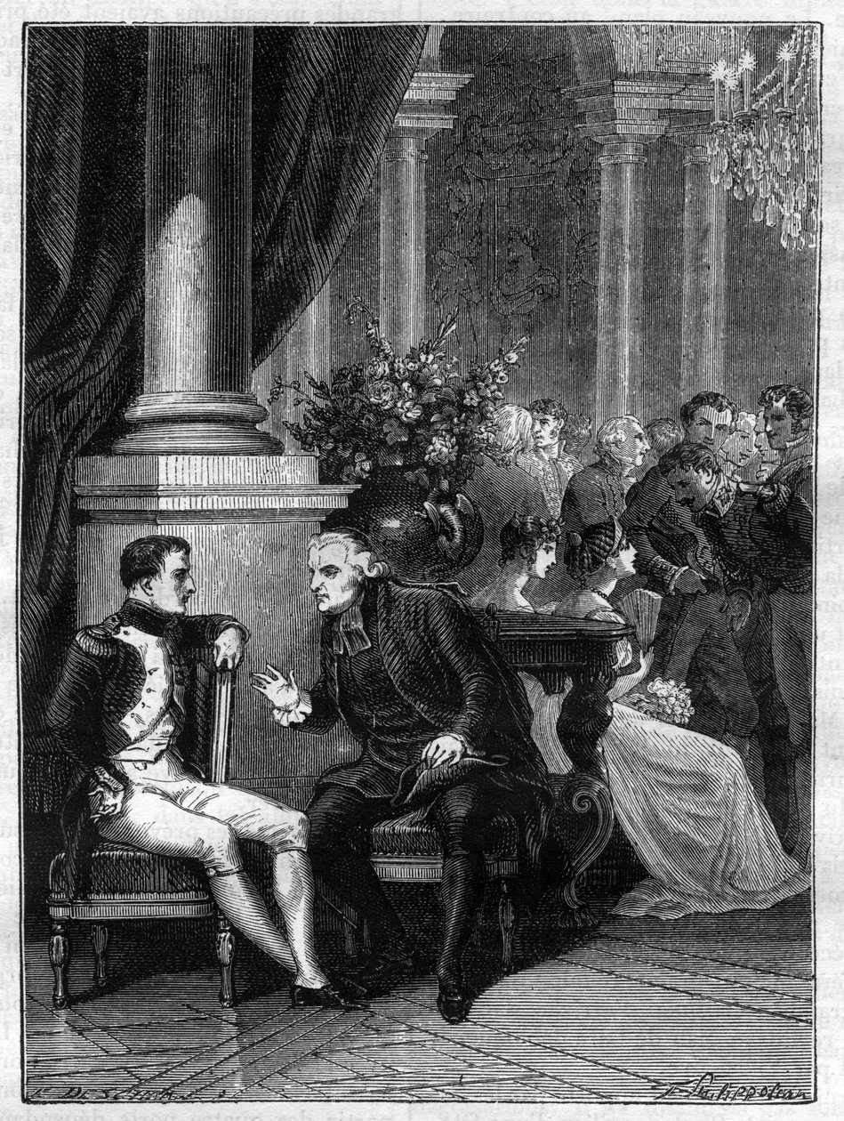 Spotkanie w Genes (Genova) we Włoszech Napoleona I z kardynałem Jean Siffrein Maury (1746-1817) 1805 - w „Historii cesarstwa śladami historii konsulatu” Adolphe Thiers - 1879 - kolekcja prywatna autorstwa French School
