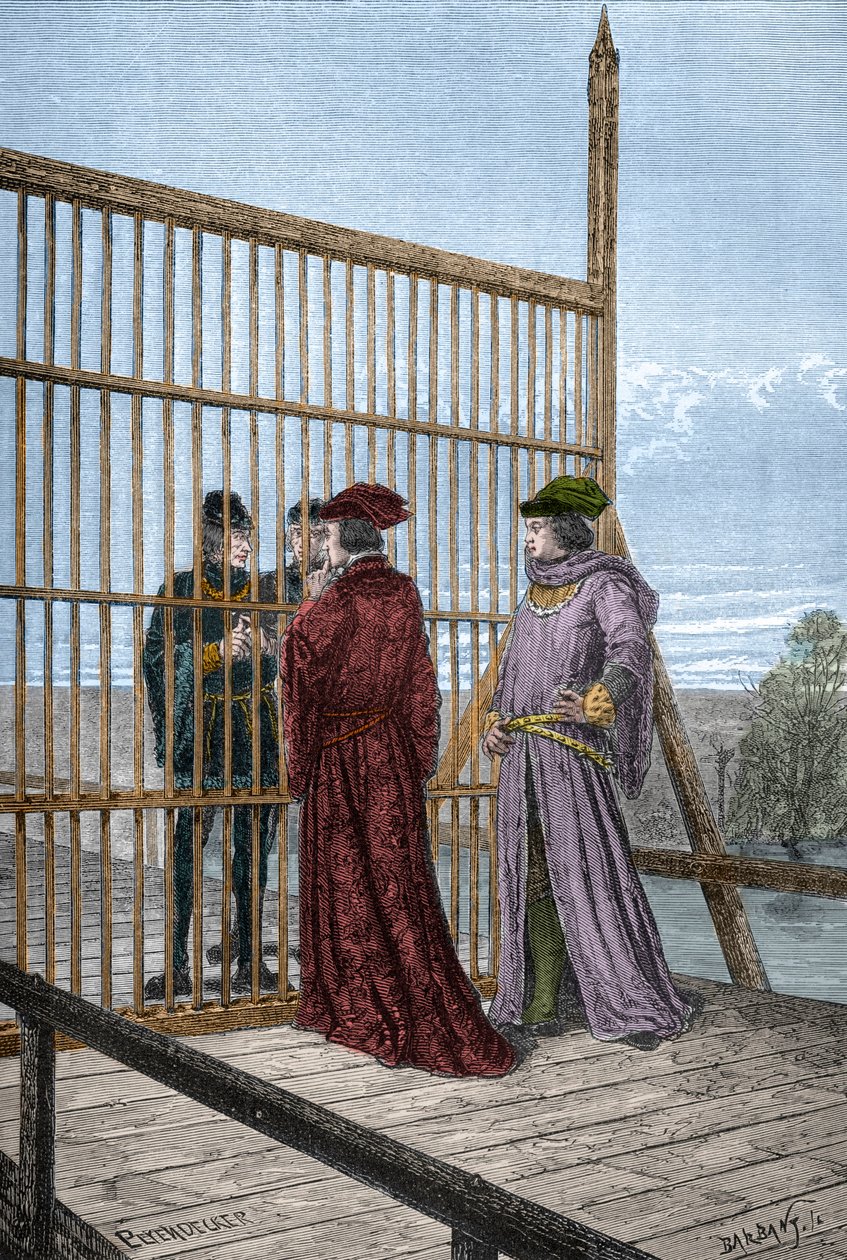 Spotkanie króla Edwarda IV i Ludwika XI Francji w Pecquigny - Treat de Picquigny (departament Somma) w dniu 29 sierpnia 1475 między Ludwikiem XI i Edwardem IV kończy wojnę stuletnią - grawerowanie w „L