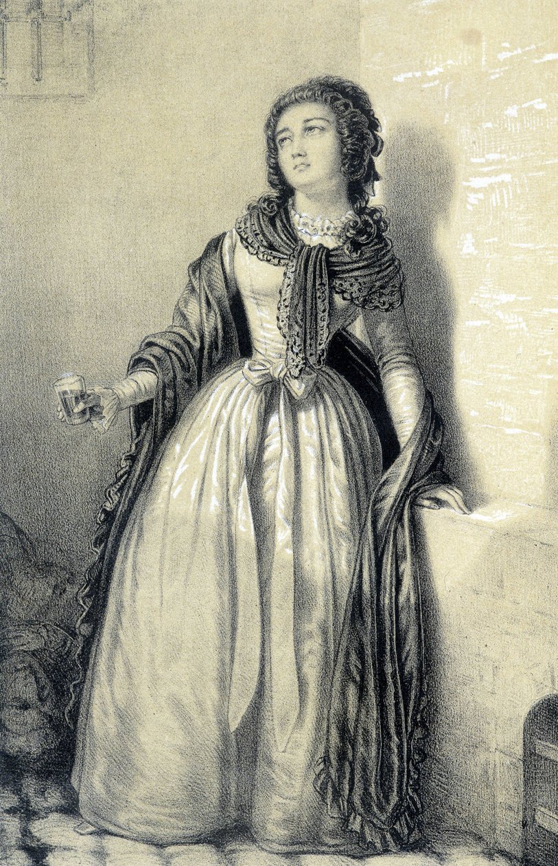 Melle (Mademoiselle) de Sombreuil uwięziona w opactwie Saint Germain, popijając szklankę krwi, by uratować ojca z rąk rewolucjonistów – w „Galerie historique de la Revolution Française” Alberta Maurina, wyd. Paryż 1843 autorstwa French School