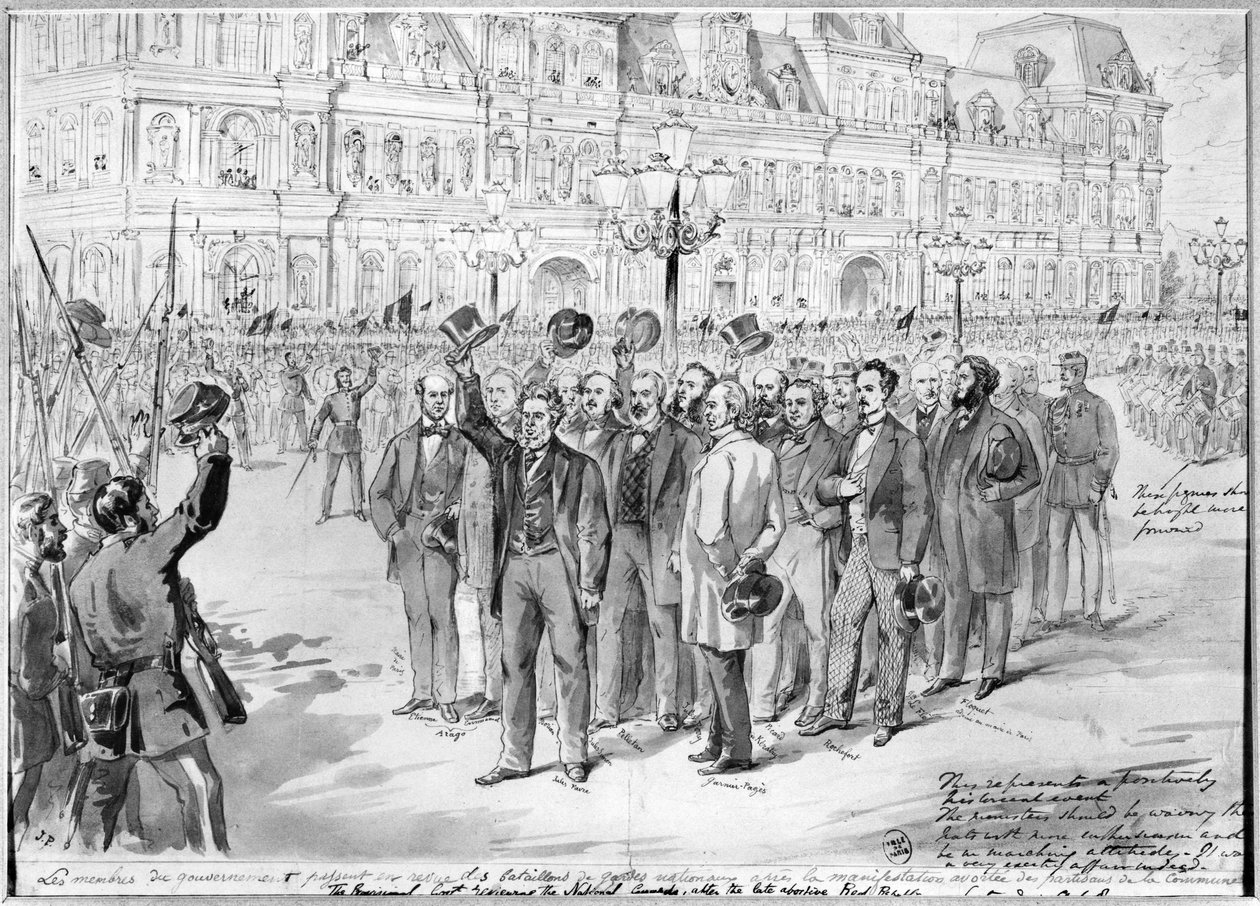 Członkowie rządu tymczasowego kontrolującego Gwardię Narodową przed Hotel de Ville w Paryżu w dniu 31 października 1870 r., ok. 1870 r. autorstwa French School