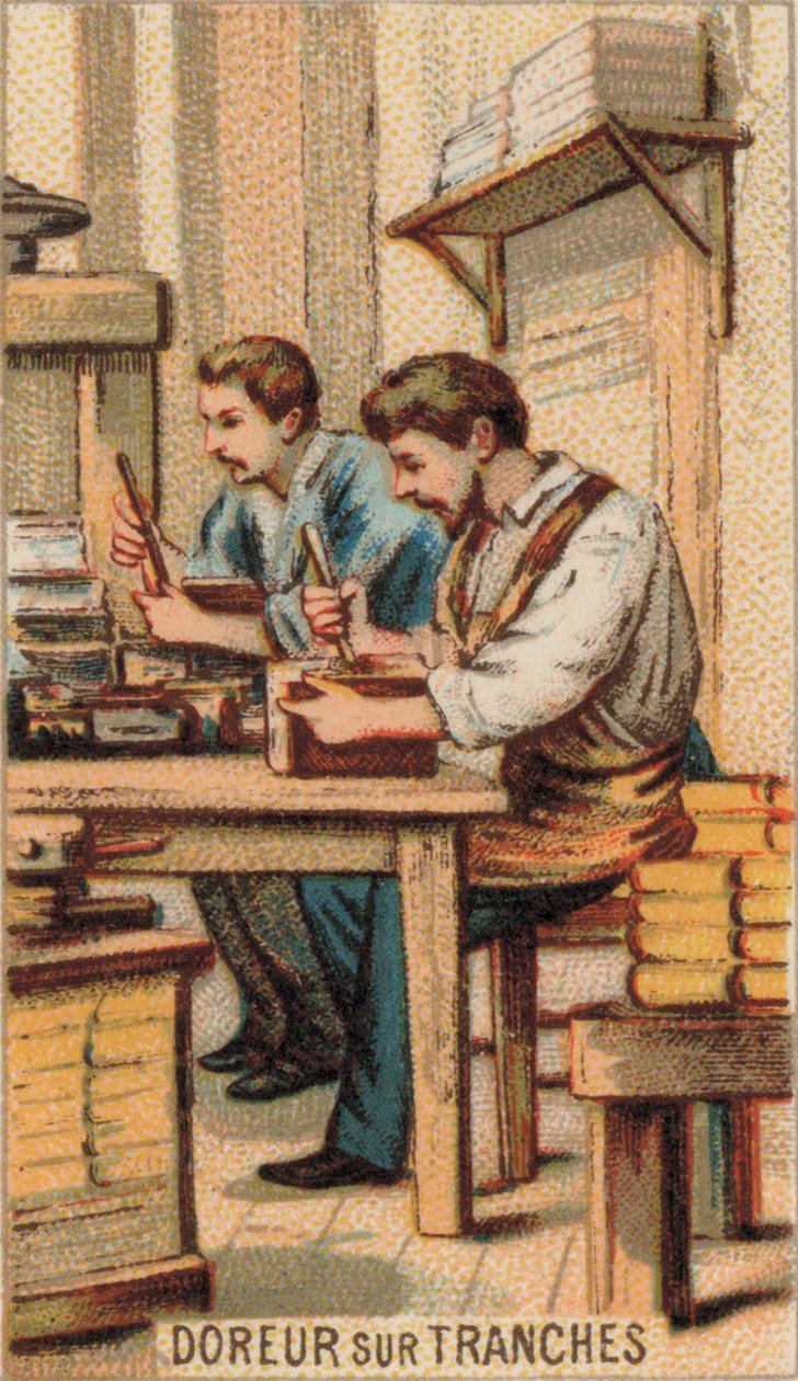Mężczyźni pozłacający książki złotem (chromolitho) autorstwa French School