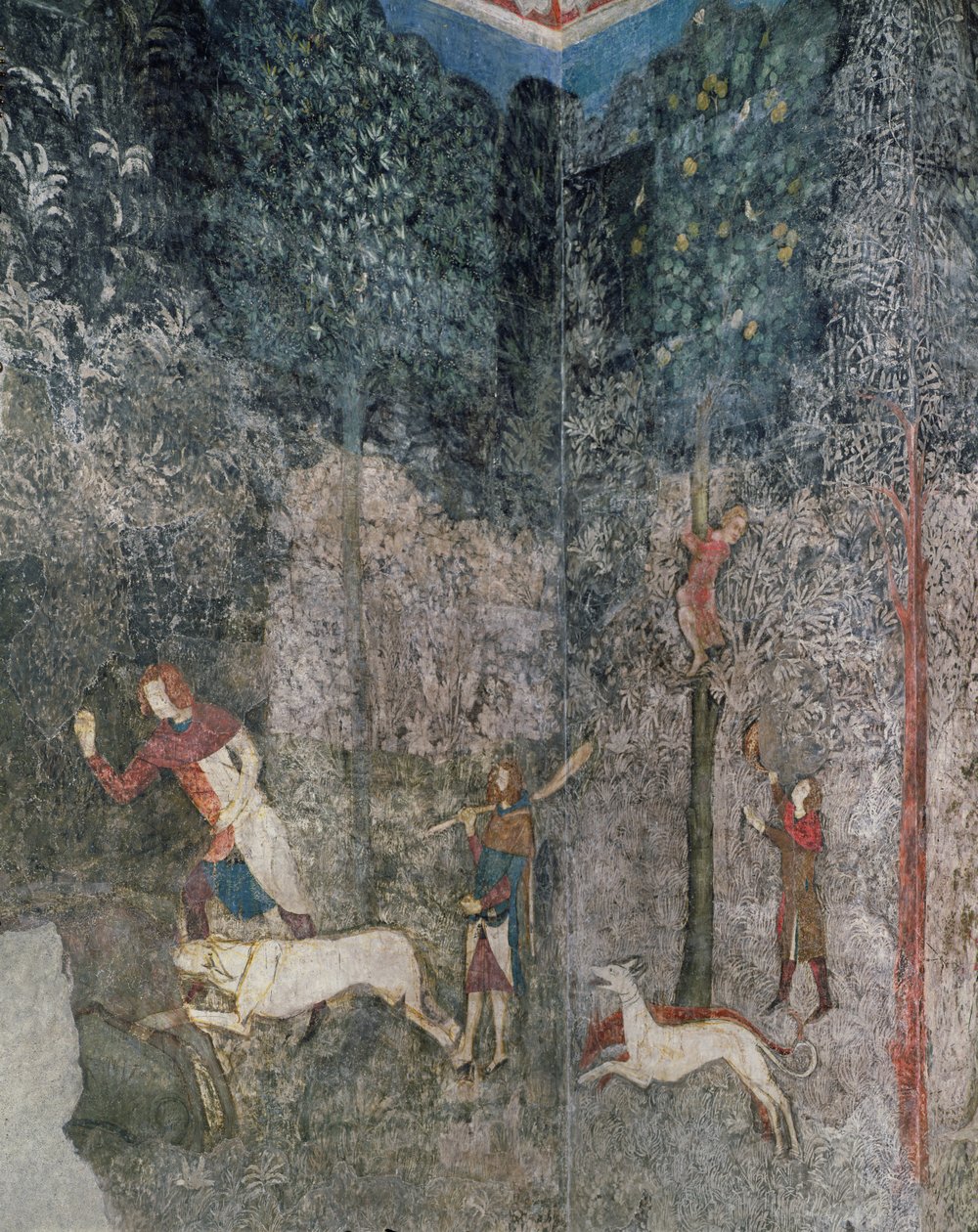 Mężczyźni polujący z psami, fragment z La Chambre du Cerf (Sala Jeleni) 1343 autorstwa French School