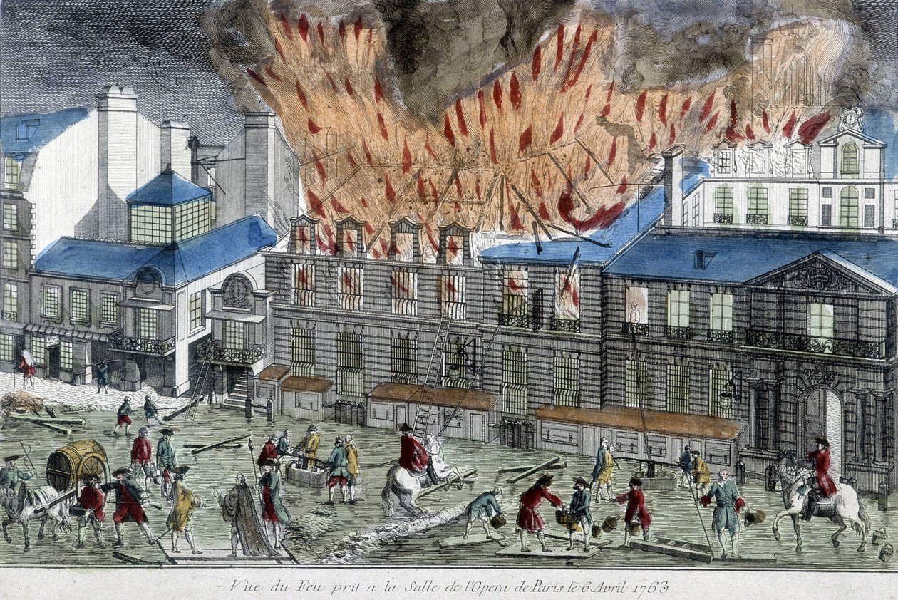 Mężczyźni próbujący ugasić pożar opery paryskiej w 1763 r. autorstwa French School