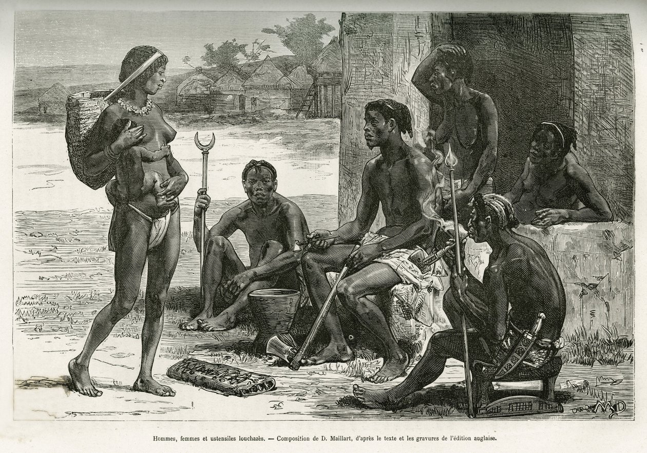 Mężczyźni, kobiety i naczynia (region Bihe, Rwanda). Grafika autorstwa D. Maillarta, ilustrująca opowieść o tym, jak przepłynąłem Afrykę, od Oceanu Atlantyckiego do Oceanu Indyjskiego, autorstwa majora Serpa Pinto, w latach 1877-1878, opublikowaną w Tour d autorstwa French School