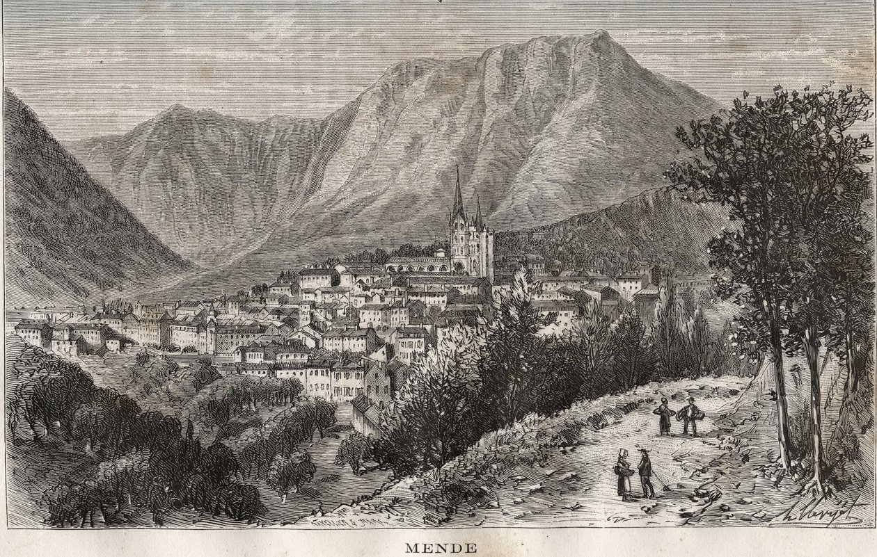 Mende - Lozere w regionie Langwedocja-Roussillon - rycina w „La France illustrée: geografia, historia, administracja statystyczna” autorstwa V.-A. Słodowy Brąz. 1884 autorstwa French School