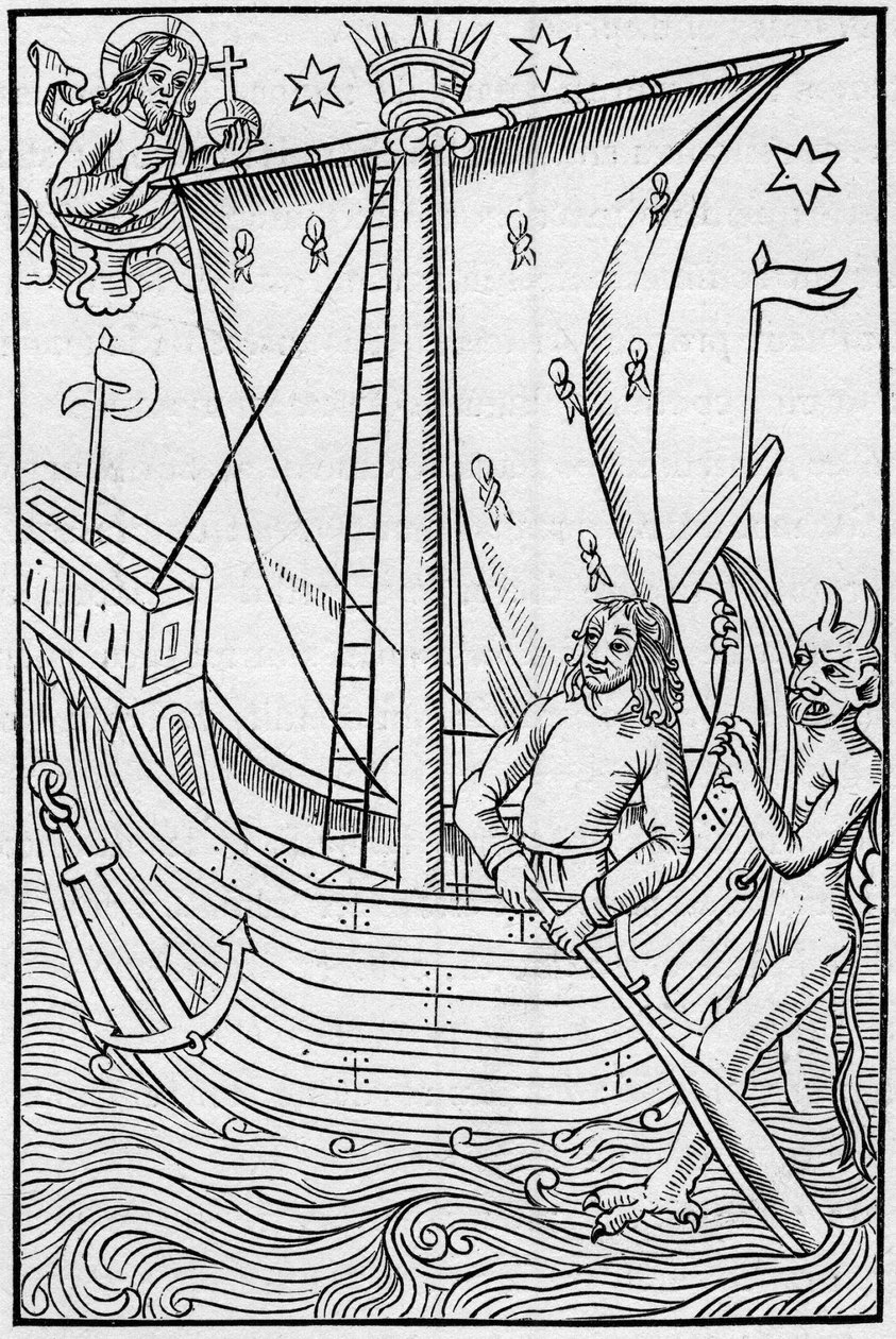 Średniowieczny statek handlowy pośród niebezpieczeństw morskich. Grawerowanie w „La Marine et les colonies: commerce” autorstwa French School