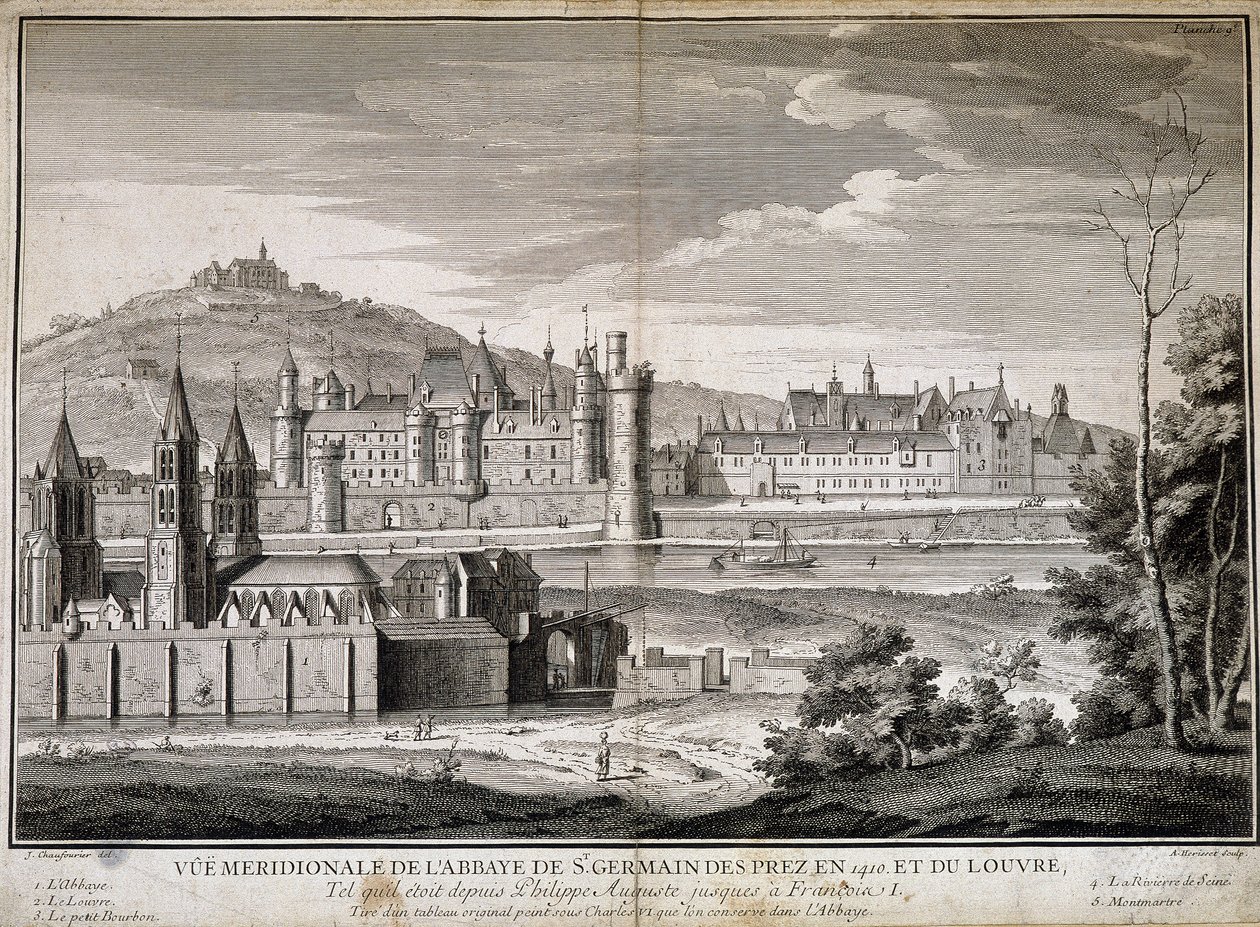 Widok południkowy opactwa Saint Germain des Pres i Luwru w 1410 r. - grawer autorstwa French School